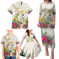 New Zealand Cacatua Galerita Family Matching Puletasi and Hawaiian Shirt Aotearoa Cockatoo Tropical Flowers LT14 - Polynesian Pride