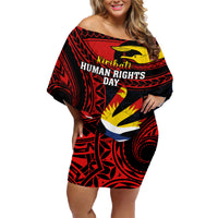 Personalised Kiribati Human Rights Day Family Matching Off Shoulder Short Dress and Hawaiian Shirt Coat Of Arms With Polynesian Tropical Flowers LT14 Mom's Dress Black - Polynesian Pride
