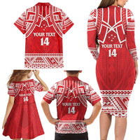 Samoa Rugby Custom Family Matching Long Sleeve Bodycon Dress and Hawaiian Shirt Toa Samoa Pacific Sporty Red - Polynesian Pride