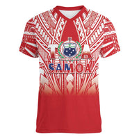 Toa Samoa Rugby Custom Women V-Neck T-Shirt Samoa mo Samoa Polynesian Pacific Red - Polynesian Pride