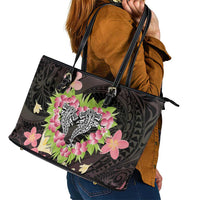Polynesia Valentine's Day Leather Tote Bag Hammerhead Shark Plumeria With Polynesian Pattern