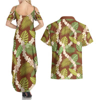 Brown Hawaii Plumeria Lei With Tropical Leaves Couples Matching Summer Maxi Dress and Hawaiian Shirt