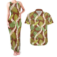 Brown Hawaii Plumeria Lei With Tropical Leaves Couples Matching Tank Maxi Dress and Hawaiian Shirt
