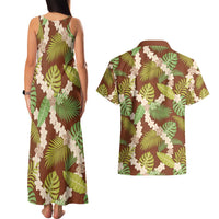 Brown Hawaii Plumeria Lei With Tropical Leaves Couples Matching Tank Maxi Dress and Hawaiian Shirt
