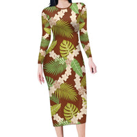 Brown Hawaii Plumeria Lei With Tropical Leaves Family Matching Long Sleeve Bodycon Dress and Hawaiian Shirt LT14 Mom's Dress Brown - Polynesian Pride