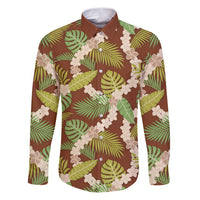 Brown Hawaii Plumeria Lei With Tropical Leaves Family Matching Puletasi and Hawaiian Shirt LT14 Dad's Shirt - Long Sleeve Brown - Polynesian Pride