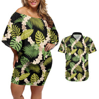 Black Hawaii Plumeria Lei With Tropical Leaves Couples Matching Off Shoulder Short Dress and Hawaiian Shirt