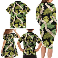 Black Hawaii Plumeria Lei With Tropical Leaves Family Matching Long Sleeve Bodycon Dress and Hawaiian Shirt LT14 - Polynesian Pride