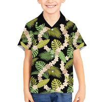 Black Hawaii Plumeria Lei With Tropical Leaves Family Matching Long Sleeve Bodycon Dress and Hawaiian Shirt LT14 Son's Shirt Black - Polynesian Pride