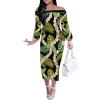 Black Hawaii Plumeria Lei With Tropical Leaves Family Matching Off The Shoulder Long Sleeve Dress and Hawaiian Shirt LT14 Mom's Dress Black - Polynesian Pride