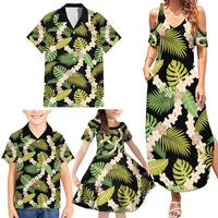 Black Hawaii Plumeria Lei With Tropical Leaves Family Matching Summer Maxi Dress and Hawaiian Shirt