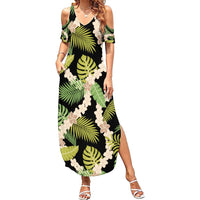 Black Hawaii Plumeria Lei With Tropical Leaves Family Matching Summer Maxi Dress and Hawaiian Shirt