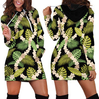 Black Hawaii Plumeria Lei With Tropical Leaves Hoodie Dress