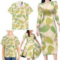 Beige Hawaii Plumeria Lei With Tropical Leaves Family Matching Long Sleeve Bodycon Dress and Hawaiian Shirt