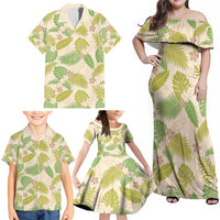 Beige Hawaii Plumeria Lei With Tropical Leaves Family Matching Off Shoulder Maxi Dress and Hawaiian Shirt