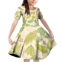 Beige Hawaii Plumeria Lei With Tropical Leaves Family Matching Off Shoulder Short Dress and Hawaiian Shirt