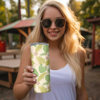 Beige Hawaii Plumeria Lei With Tropical Leaves Skinny Tumbler