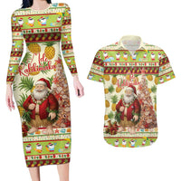 Hawaiian Santa Aloha Pineapple Christmas Couples Matching Long Sleeve Bodycon Dress and Hawaiian Shirt Mele Kalikimaka LT15 Cream - Polynesian Pride