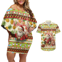 Hawaiian Santa Aloha Pineapple Christmas Couples Matching Off Shoulder Short Dress and Hawaiian Shirt Mele Kalikimaka LT15 Cream - Polynesian Pride