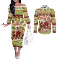 Hawaiian Santa Aloha Pineapple Christmas Couples Matching Off The Shoulder Long Sleeve Dress and Long Sleeve Button Shirt Mele Kalikimaka LT15 Cream - Polynesian Pride