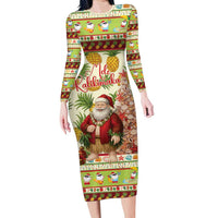 Hawaiian Santa Aloha Pineapple Christmas Long Sleeve Bodycon Dress Mele Kalikimaka - Polynesian Pride