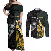 New Zealand and South Africa Rugby Custom Couples Matching Off Shoulder Maxi Dress and Long Sleeve Button Shirt Silver Fern With Springboks