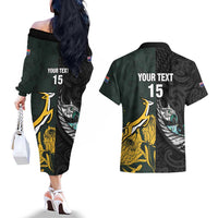 New Zealand and South Africa Rugby Custom Couples Matching Off The Shoulder Long Sleeve Dress and Hawaiian Shirt Silver Fern With Springboks