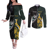 New Zealand and South Africa Rugby Custom Couples Matching Off The Shoulder Long Sleeve Dress and Long Sleeve Button Shirt Silver Fern With Springboks