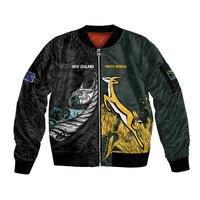 New Zealand and South Africa Rugby Custom Sleeve Zip Bomber Jacket Silver Fern With Springboks