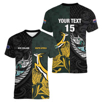New Zealand and South Africa Rugby Custom Women V-Neck T-Shirt Silver Fern With Springboks