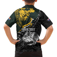 New Zealand and South Africa Rugby Personalised Family Matching Off The Shoulder Long Sleeve Dress and Hawaiian Shirt Maori Kiwi With Springboks