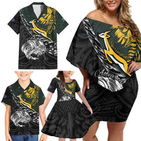 New Zealand and South Africa Rugby Personalised Family Matching Off Shoulder Short Dress and Hawaiian Shirt Maori Kiwi With Springboks