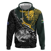 New Zealand and South Africa Rugby Personalised Hoodie Maori Kiwi With Springboks LT15 Pullover Hoodie Black - Polynesian Pride