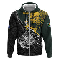 New Zealand and South Africa Rugby Personalised Hoodie Maori Kiwi With Springboks LT15 Zip Hoodie Black - Polynesian Pride