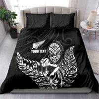 New Zealand Silver Fern Rugby Custom Bedding Set Maori Tiki Black Version