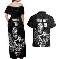 New Zealand Silver Fern Rugby Custom Couples Matching Off Shoulder Maxi Dress and Hawaiian Shirt Maori Tiki Black Version