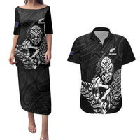 New Zealand Silver Fern Rugby Custom Couples Matching Puletasi and Hawaiian Shirt Maori Tiki Black Version LT15 Black - Polynesian Pride