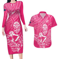 New Zealand Silver Fern Rugby Custom Couples Matching Long Sleeve Bodycon Dress and Hawaiian Shirt Maori Tiki Pink Version