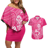 New Zealand Silver Fern Rugby Custom Couples Matching Off Shoulder Short Dress and Hawaiian Shirt Maori Tiki Pink Version