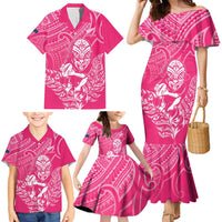 New Zealand Silver Fern Rugby Custom Family Matching Mermaid Dress and Hawaiian Shirt Maori Tiki Pink Version