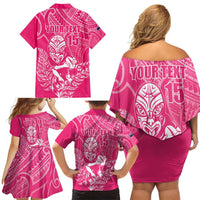 New Zealand Silver Fern Rugby Custom Family Matching Off Shoulder Short Dress and Hawaiian Shirt Maori Tiki Pink Version