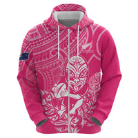 New Zealand Silver Fern Rugby Custom Zip Hoodie Maori Tiki Pink Version