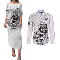 New Zealand Silver Fern Rugby Custom Couples Matching Puletasi and Long Sleeve Button Shirt Maori Tiki White Version