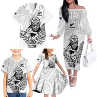 New Zealand Silver Fern Rugby Custom Family Matching Off The Shoulder Long Sleeve Dress and Hawaiian Shirt Maori Tiki White Version