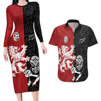 Custom British Lions New Zealand Couples Matching Long Sleeve Bodycon Dress and Hawaiian Shirt Unique Style LT18 Red - Polynesian Pride