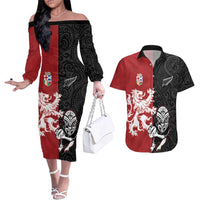 Custom British Lions New Zealand Couples Matching Off The Shoulder Long Sleeve Dress and Hawaiian Shirt Unique Style LT18 Red - Polynesian Pride