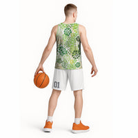 Green Aloha Hawaiian Basketball Jersey Monstera Hibiscus Tropical Pattern
