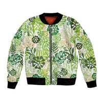 Green Aloha Hawaiian Bomber Jacket Monstera Hibiscus Tropical Pattern
