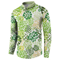 Green Aloha Hawaiian Button Sweatshirt Monstera Hibiscus Tropical Pattern