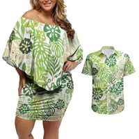 Green Aloha Hawaiian Couples Matching Off Shoulder Short Dress and Hawaiian Shirt Monstera Hibiscus Tropical Pattern